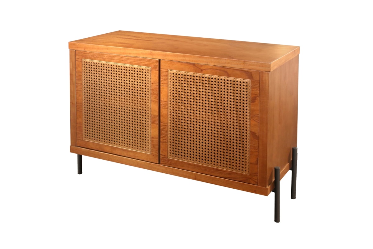 Buffet Aparador Penelope em Lâminas de Madeira, Rattan Natural e Pés de Ferro 100 cm