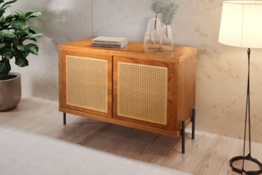 Buffet Aparador Penelope em Madeira Maciça, Rattan Natural e Pés de Ferro 100cm