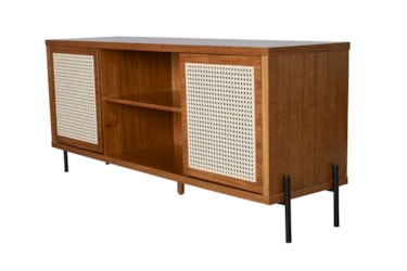 Buffet Aparador Penelope em Madeira Maciça, Rattan Natural e Pés de Ferro 160cm