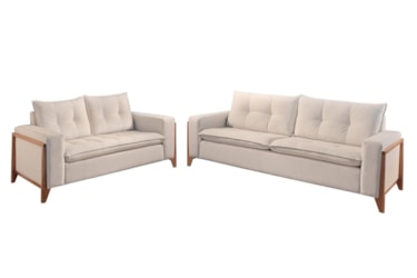 Sofá 2 Lugares Jade em Veludo ou Boucle com Pillow & Detalhe nos Braços em Madeira Maciça