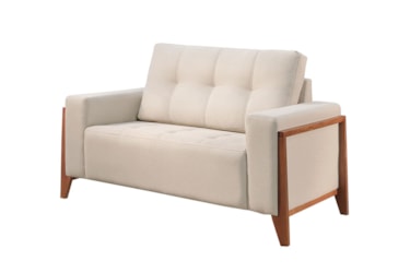 Sofá 2 Lugares Luma de 136cm em Velusoft e Boucle com Pés e Detalhe no Braço em Madeira Maciça com Almofadas Siliconadas