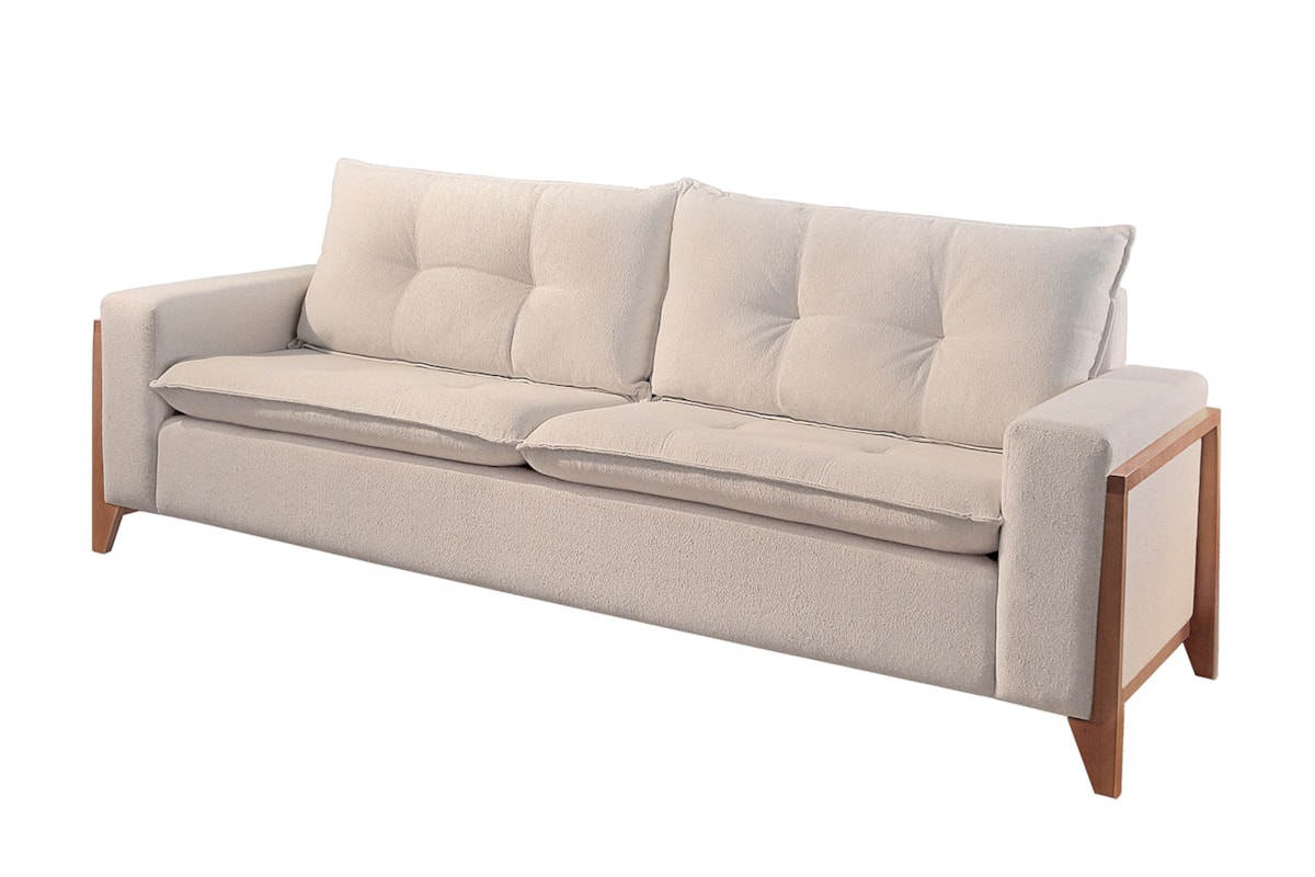 Sofá 3 Lugares Jade em Linho com Pillow & Detalhe nos Braços em Madeira Maciça