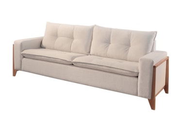 Sofá 3 Lugares Jade em Veludo ou Boucle com Pillow & Detalhe nos Braços em Madeira Maciça