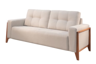 Sofá 3 Lugares Luma de 188cm  em Velusoft e Boucle com Pés e Detalhe no Braço em Madeira Maciça com Almofadas Siliconadas