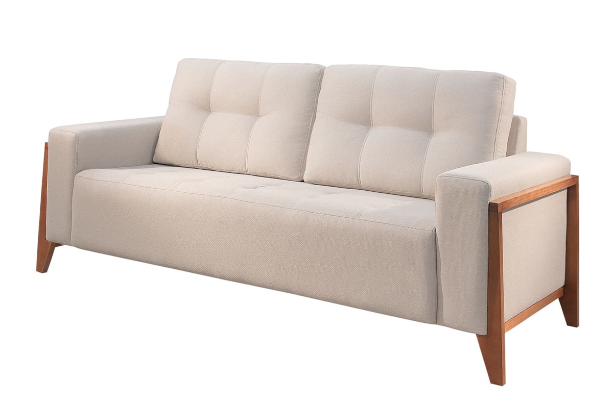 Sofá 3 Lugares Luma de 188cm  em Velusoft e Boucle com Pés e Detalhe no Braço em Madeira Maciça com Almofadas Siliconadas