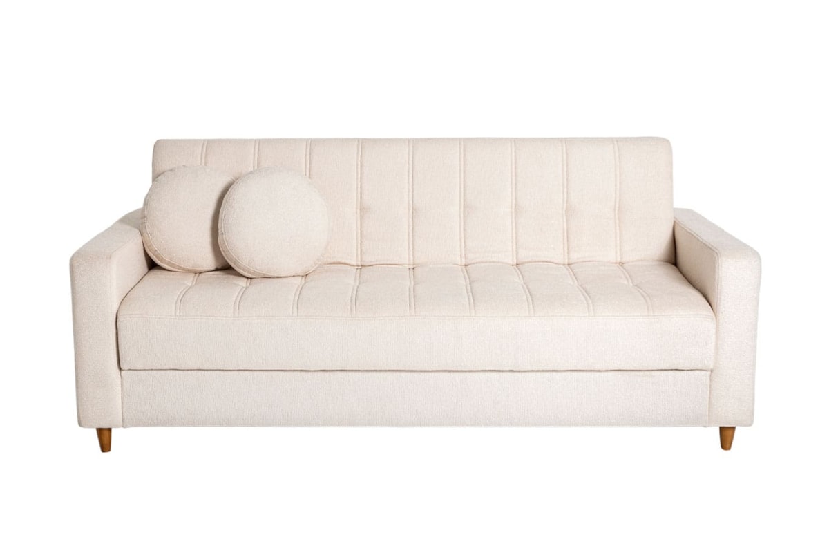 Sofá Cama Casal Baú Celene 3 Lugares em Linho com Almofadas Decorativas