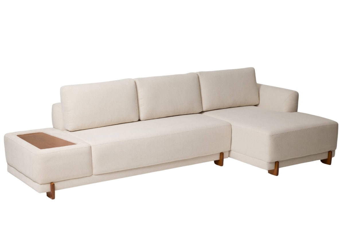 Sofá Capri 3 Lugares com Chaise e Mesinha Lateral em Madeira Maciça