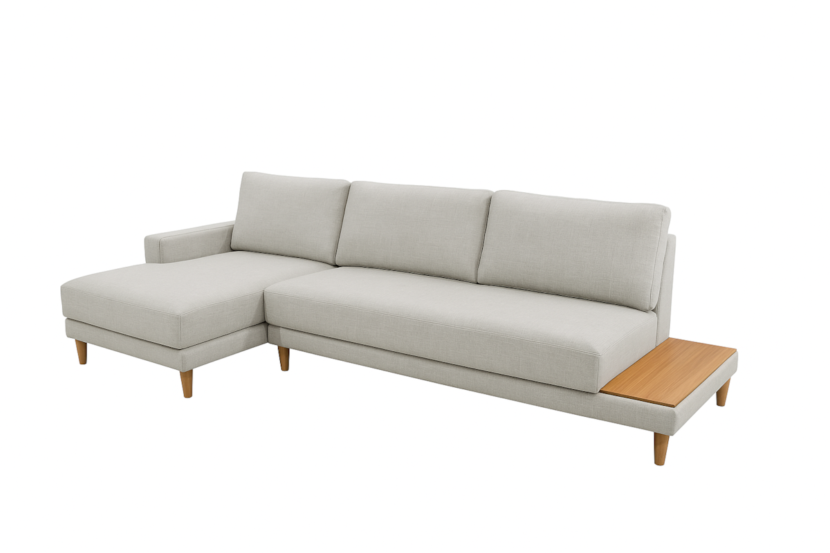 Sofá Meg 3 Lugares com Chaise e Mesinha Lateral em Madeira Maciça