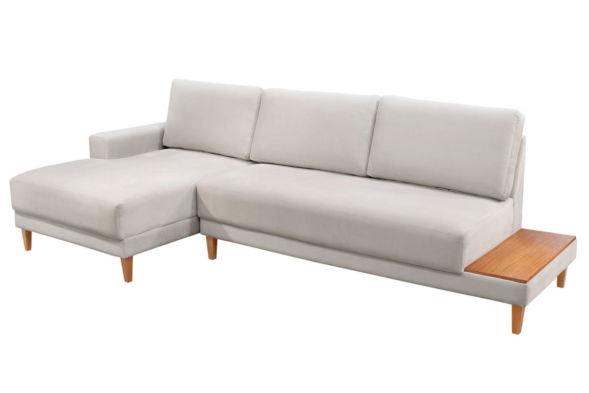 Sofá Meg 3 Lugares com Chaise e Mesinha Lateral em Madeira Maciça