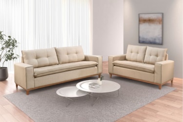 Sofá Megan 2 Lugares em Veludo ou Boucle com Pillow & Pés em Madeira Maciça (Espuma D33)